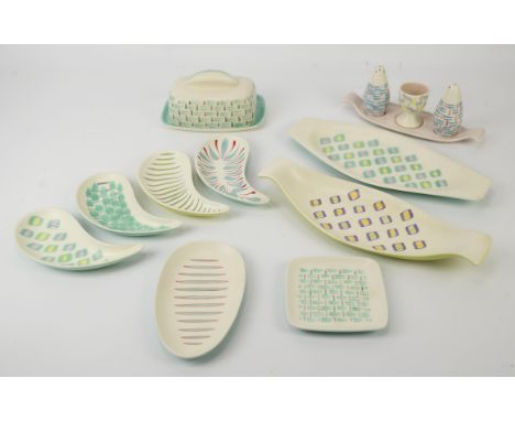 Poole pottery, collection of Freeform wares to include a butter dish and base, an egg cup, a part condiment set with salt, pe