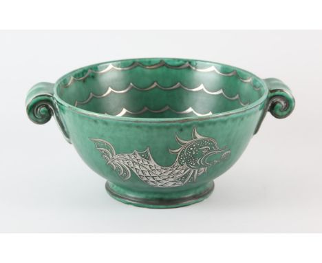 Gustavsberg Argenta, Sweden, fruit bowl, decorated with fish, with star fish to the interior, marked to the base, pattern no.