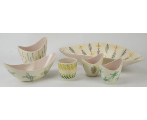 Poole pottery, Freeform elongated dish, Pattern X/PY, 44cm wide, together with five other Freeform vessels (6)Condition Repor