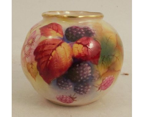 A Royal Worcester squat vase, the wythern moulded body decorated with autumnal fruits and leaves by K Blake, shape number G16