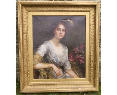 John Hanson Walker, oil on canvas, portrait of a woman and flowers, af, signed and dated 1912, inscribed to back, 29.5ins x 2