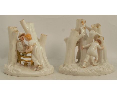 A pair of Royal Worcester Hadley figure groups, by James Hadley, Hide and Seek, No. 825 and Country Courtship, No. 828, circa