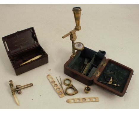 A Cary London lacquered brass portable pocket compound microscope, with slides, tweezers, lens etc, in a mahogany box, togeth