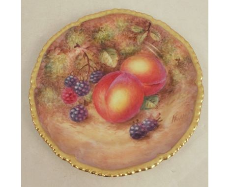 A Royal Worcester plate, decorated with fruit to a mossy background by Freeman, with gilt shaped edge, diameter 6ins