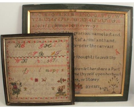 A 19th century tapestry sampler, with alphabet and verse by Mary Barr W Storey, aged 8, 15ins x 17.5ins, together with anothe