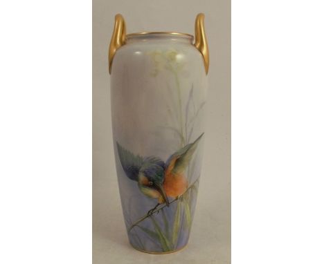 A Royal Worcester vase, decorated with a Kingfisher on a reed by R Austin, with a pair of gilt handles, shape number 2771, da