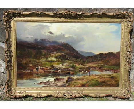 S R Percy, oil on canvas, cattle with figures in mountainous landscape, 23ins x 37.5ins