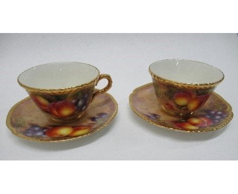 Two Royal Worcester tea cups and saucers, decorated with hand painted fruit by Freeman - not damaged or restored
