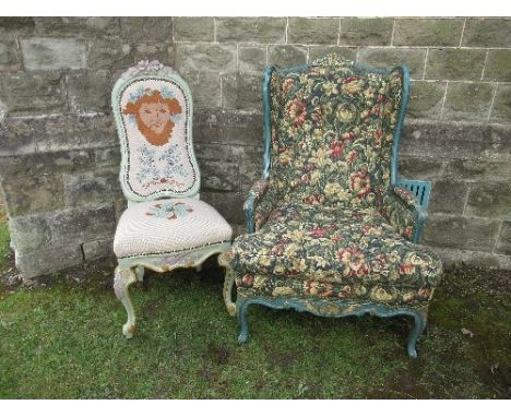 A painted wingback armchair, with tapestry upholstery together with a single painted chair&nbsp;