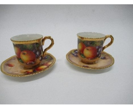 Two Royal Worcester coffee cans and saucers, decorated all around with hand painted fruit by Freeman - not damaged or restore