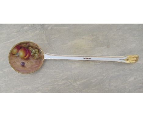 A Royal Worcester tureen ladle, decorated with hand painted fruit by Freeman, to the interior and exterior of the bowl, lengt