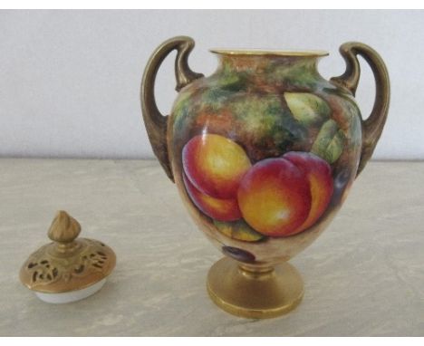 A Royal Worcester vase, decorated half round with hand painted fruit by Lynes, height 5ins, together with an associated cover