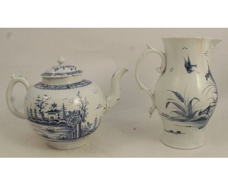 A large 18th century Worcester teapot, decorated in blue and white in the Plantation pattern af, height 8ins, together with a