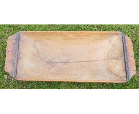 A European wooden and metal bound animal feed trough, of elongated rectangular form, width 33.5ins x depths 14.5ins