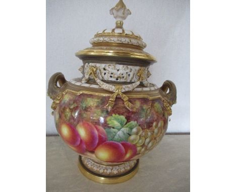 A Royal Worcester covered bow piece, decorated half round with hand painted fruit by Freeman, shape number 1428 SS, height 12