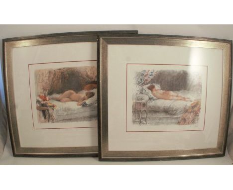 A Calbet, pair of colour prints, reclining nudes on a bed, 12ins x 14ins