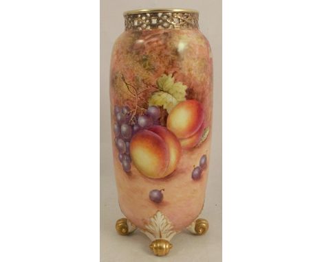 A Royal Worcester cylindrical vase, decorated all around with fruit to a mossy background by Freeman, with pierced gilt neck,