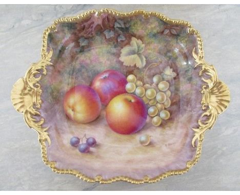 A Royal Worcester square shaped dish, decorated all over with hand painted fruit by H Ayrton, to a gilt gadrooned rope twist 