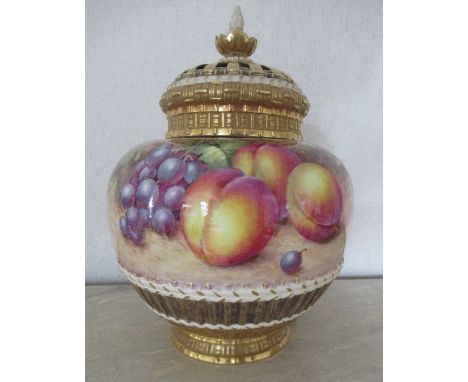 A Royal Worcester crown top pot pourri, decorated all round with hand painted fruit by Freeman, shape number 1286 MS, height 