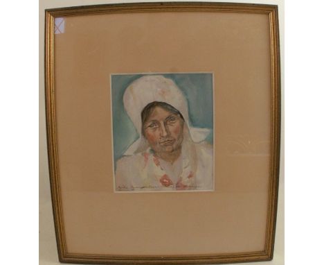 A watercolour, portrait of a woman, inscribed, 8ins x 6.5ins