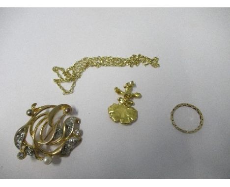 A Movitex brooch, together with a 9ct gold chain, a pendant formed as an Orchid and a ring