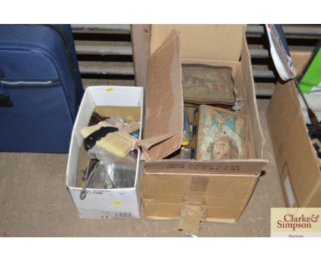 Two boxes containing various tools, paintbrushes etc 