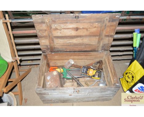 A pine toolbox and contents of various tools etc