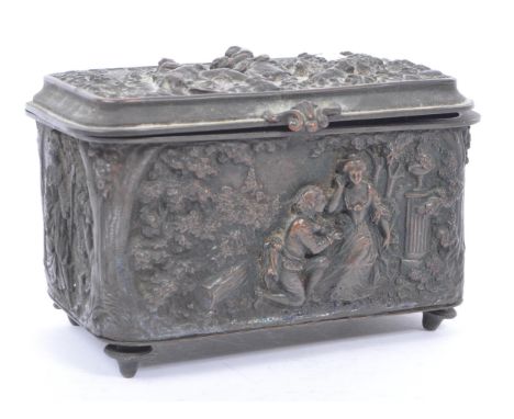A late 19th century / early 20th Century French spelter lidded trinket pot / jewellery casket of rectangular form. Pastoral d