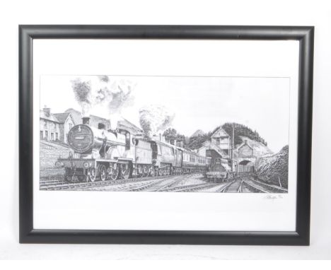 Simon Bowditch (British B. 1950) - Monochrome limited edition print depicting locomotive and station. 59 / 150, signed in pen