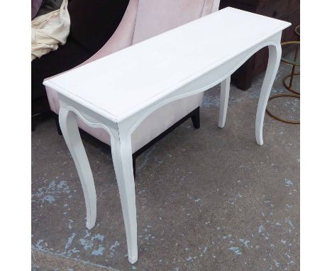 CONSOLE TABLE, white on cabriole supports, 120cm x 40cm x 82cm H. (with faults)