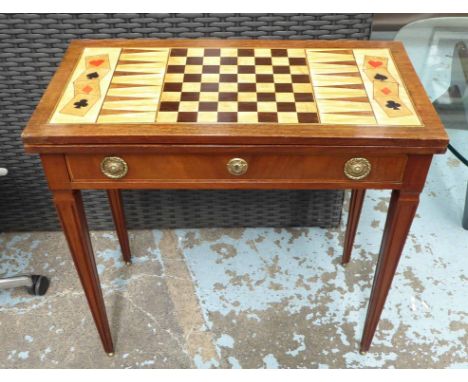 GAMES TABLE, marquetry top with playing card detail, green baize interior on fluted supports, 78.5cm x 78cm x 77.5cm.