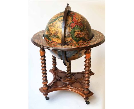 GLOBE COCKTAIL CABINET, in the form of and antique terrestrial globe, on stand, with rising lid and fitted interior, 72cm W x