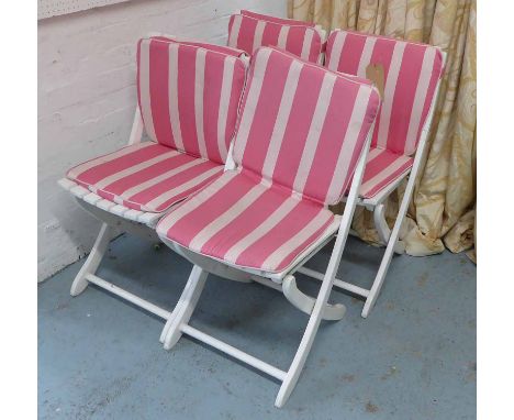 GARDEN CHAIRS, a set of four, vintage, with pink stripped cushions, 85cm H. (4) (slight faults)