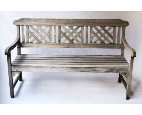 GARDEN BENCH, weathered teak, with trellis back, 150cm W.