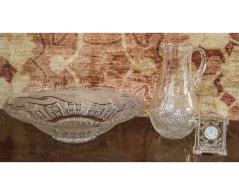 WATERFORD CRYSTAL, large water jug, 28cm H, circular shallow fruit bowl, 40cm Diam, and small mantel clock, 11.5cm H.