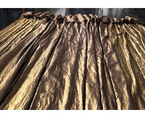 CURTAINS, a pair, gold silk and gold striped, unlined, with pencil pleat heading ad integral pelmet flap, each curtain 180cm 