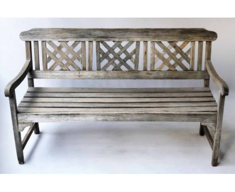 GARDEN BENCH, weathered teak, with trellis back, 150cm W (matching previous lot).
