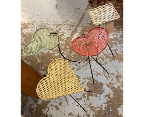 PLAYING CARD OCCASIONAL TABLES, mid 20th century French, metal on triform supports each approx 59cm H. (4)