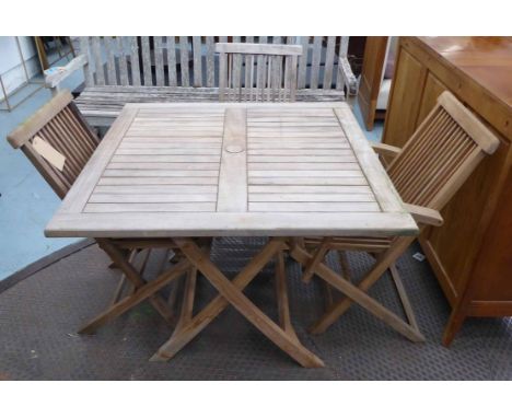 GARDEN DINING SET, weathered teak table, and three chairs, chairs 90cm H. (4)