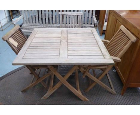 GARDEN DINING SET, weathered teak table, and three chairs, chairs 90cm H. (4)