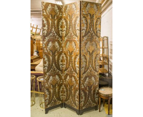 SCREEN, 19th century and later three fold gilt and painted in embossed leather (remounted), each panel, 34cm W x 218cm H. 