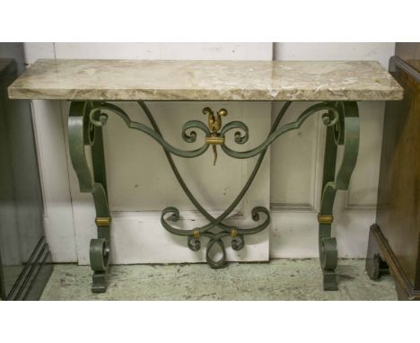 CONSOLE TABLE, the marble top on a scrolled wrought iron base with gilt detail, 38cm x 130cm x 91cm H.