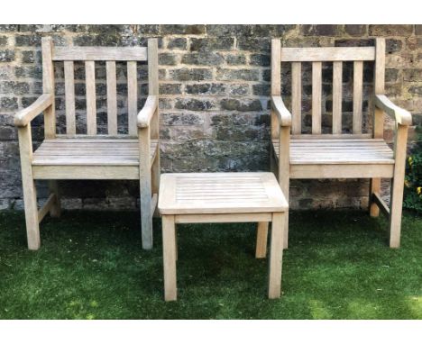 'WESTMINSTER' GARDEN ARMCHAIRS &amp; TABLE, weathered teak, of substantial slatted construction, together with a matching low