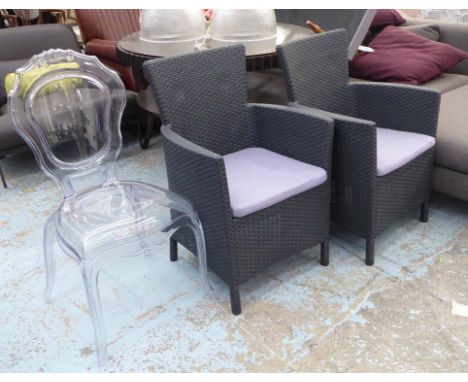 ALIBERT MIAMI GARDEN CHAIRS, a pair, and another perspex chair, 100cm at tallest. (3)