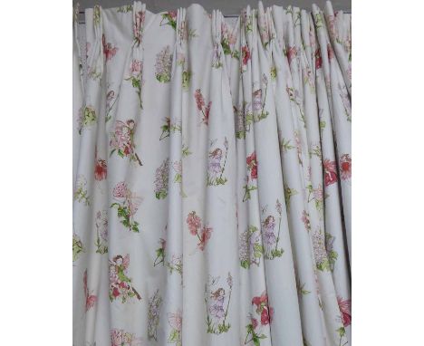CURTAINS, two pairs, flower fairies design, lined and interlined, one pair 128cm W x 205cm drop, the other 50cm W x 205cm dro