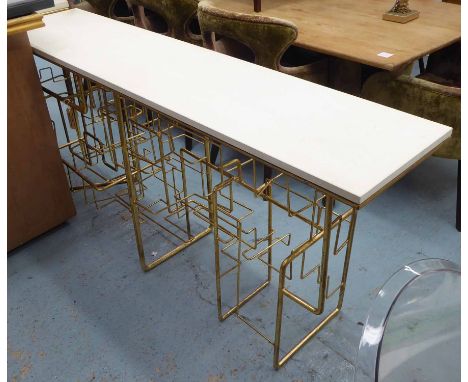 ADAM WILLIAMS DESIGN DETROIT CONSOLE AND STOOL, gilt metal supports with stone top and console and a velevet upholstery on th