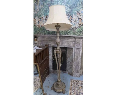 FLOOR STANDING STANDARD LAMP, early 20th century Classical style grey painted and giltwood with a cream shade, 196cm H.