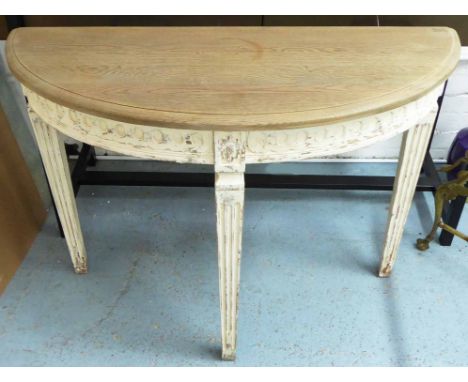 DEMI LUNE CONSOLE TABLE, of slight proportions, French Provincial style, 106cm x 42cm x 9cm.