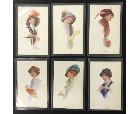 COMPLETE SET OF SIX GLAMOUR POSTCARDS OF WOMEN WITH HAT BY F E WILES PRINTED BY CARLTON PUBLISHING LONDON SERIES NUMBER 702