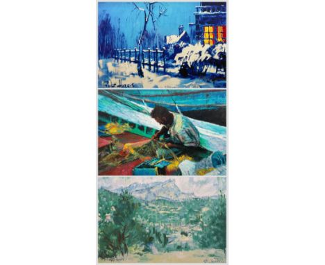 Rolf Harris (Australian 1930-): 'Mending the Nets' 'Mont Sainte Victoire - Homage to Cezanne' and 'Christmas Eve in the Snow'